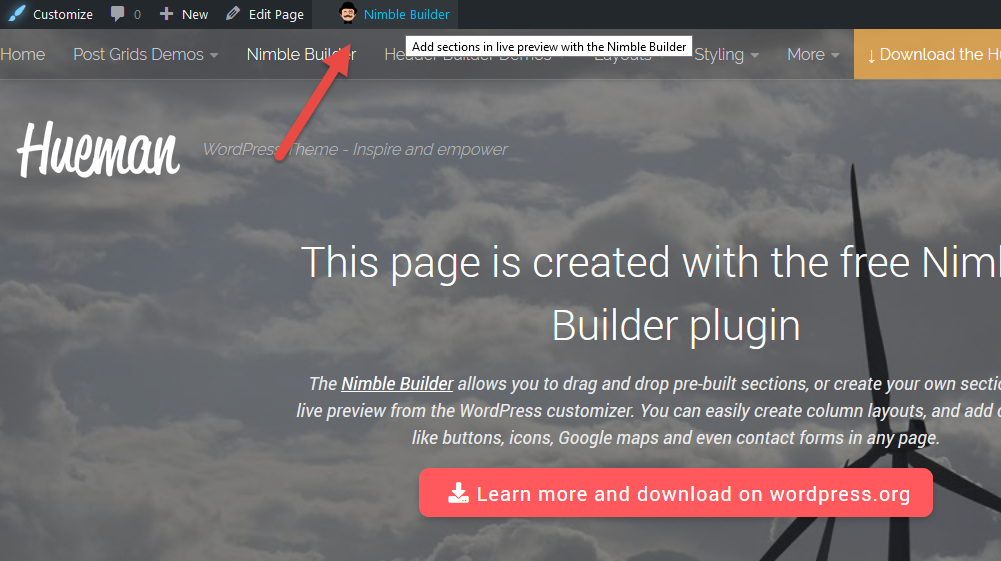 Quick link to Nimble Builder in the admin bar