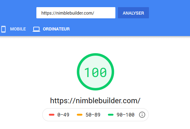 Nimble Builder Google speed tests