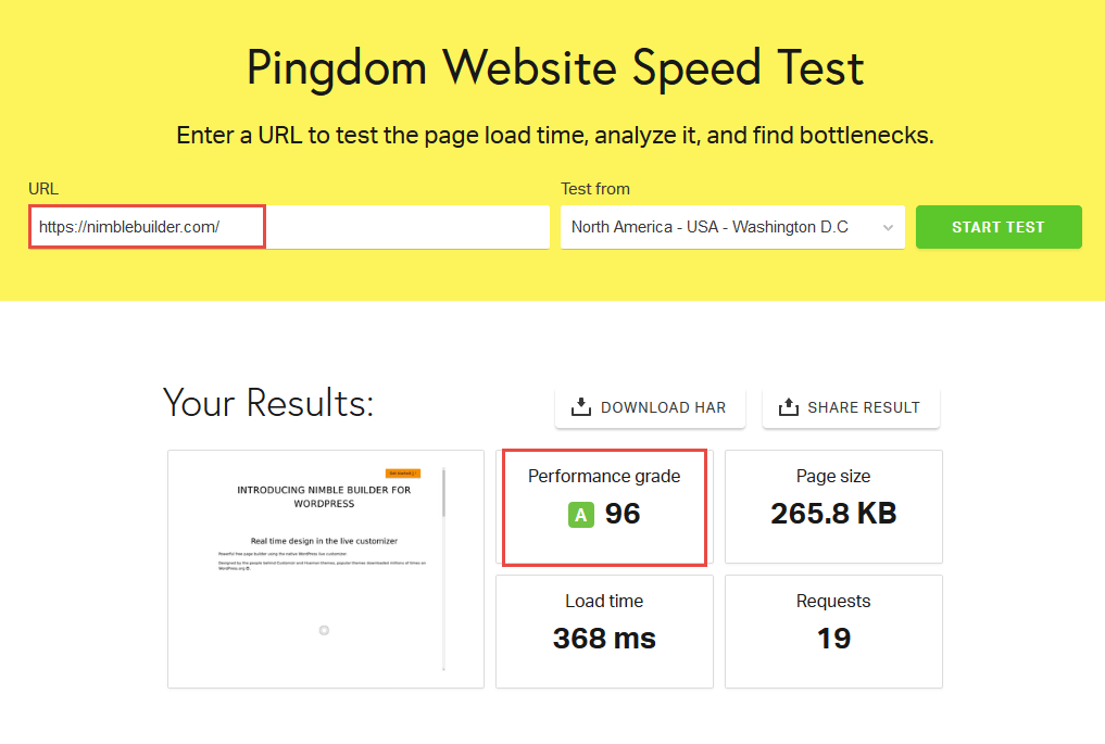 Nimble Builder Pingdom test
